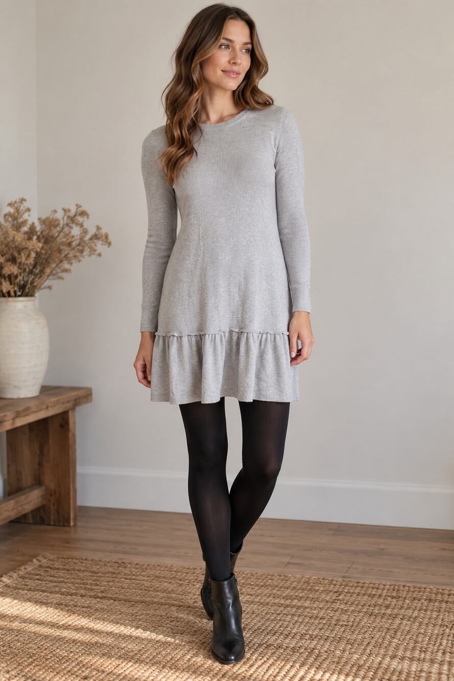 Zara Gray Drop Waist Sweater Dress Knit Ruffle Hem Minimalist Tunic Small